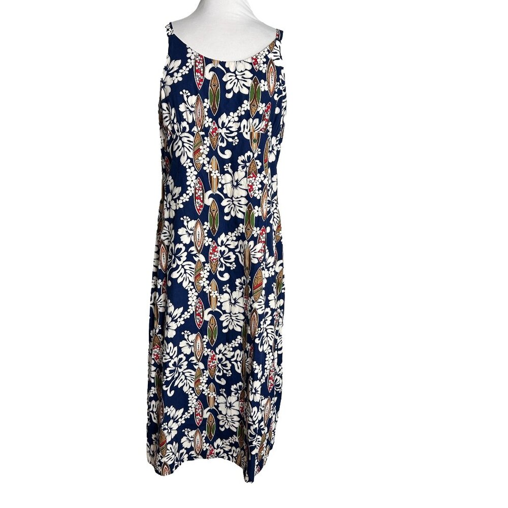 Vintage Kahuku Hawaii Dress Womens Size 7/8 Hawaiian Surfboards Flowers Blue